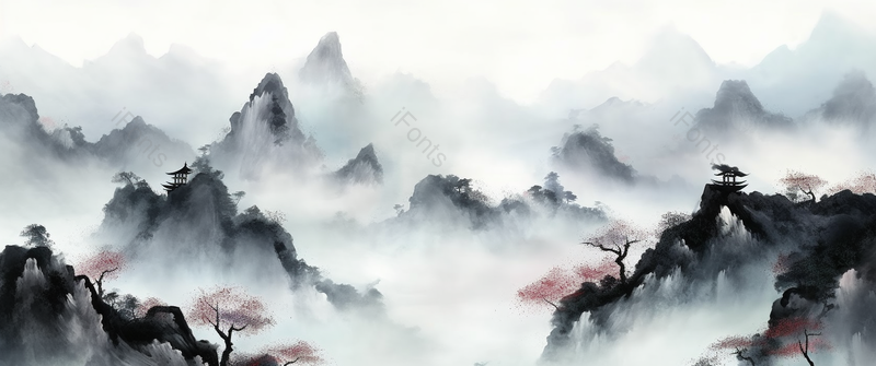 开满桃花的山谷远景中国风水墨山水画,插画/手绘图,插画/手绘图库,插画/手绘图下载,插画/手绘
